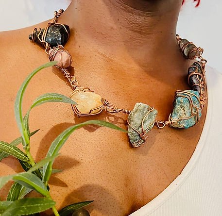 Copper wire-wrapped raw crystal statement necklace